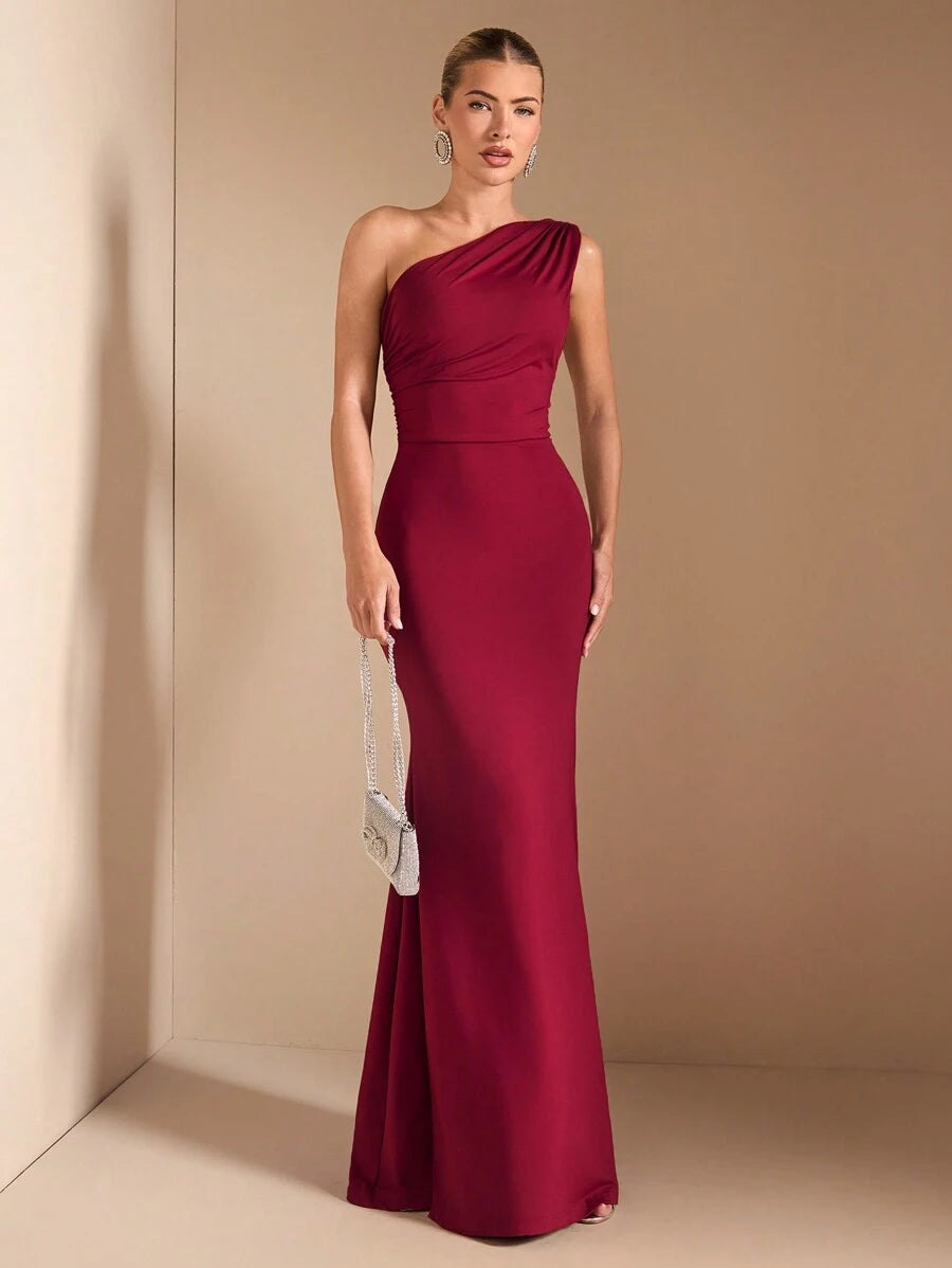 SHEIN BAE Elegant Asymmetric Neck Tied Spaghetti Strap Super Long Dress, Suitable For Casual Dates, Outing, Nightclub Party Gathering, Christmas Outfit, Burgundy