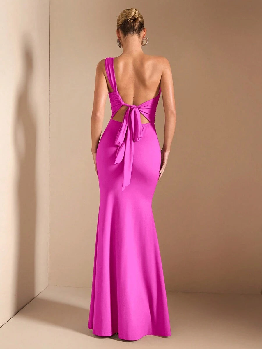 SHEIN BAE Elegant Asymmetric Neck Tied Spaghetti Strap Super Long Dress, Suitable For Casual Dates, Outing, Nightclub Party Gathering, Christmas Outfit, Burgundy