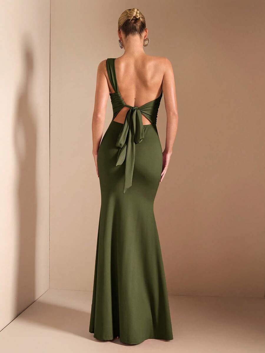 SHEIN BAE Elegant Asymmetric Neck Tied Spaghetti Strap Super Long Dress, Suitable For Casual Dates, Outing, Nightclub Party Gathering, Christmas Outfit, Burgundy