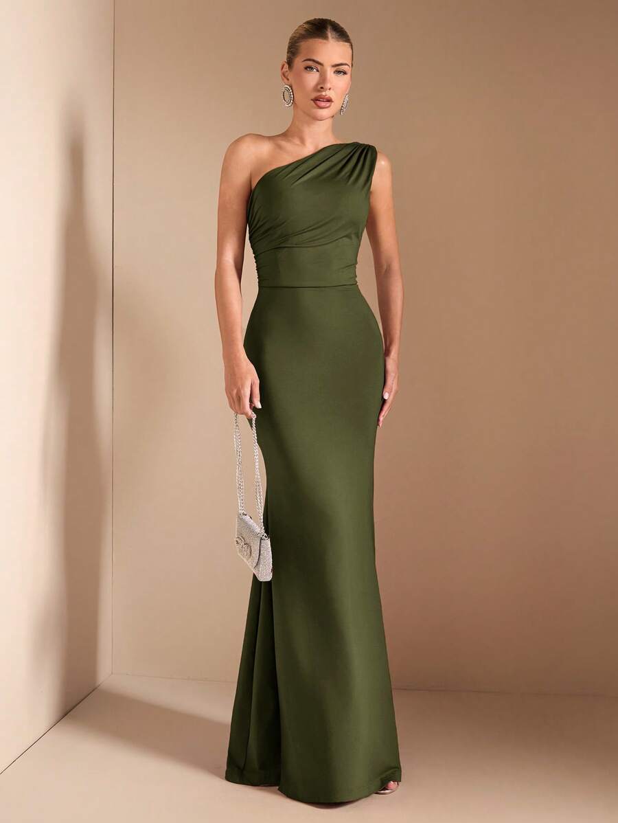 SHEIN BAE Elegant Asymmetric Neck Tied Spaghetti Strap Super Long Dress, Suitable For Casual Dates, Outing, Nightclub Party Gathering, Christmas Outfit, Burgundy