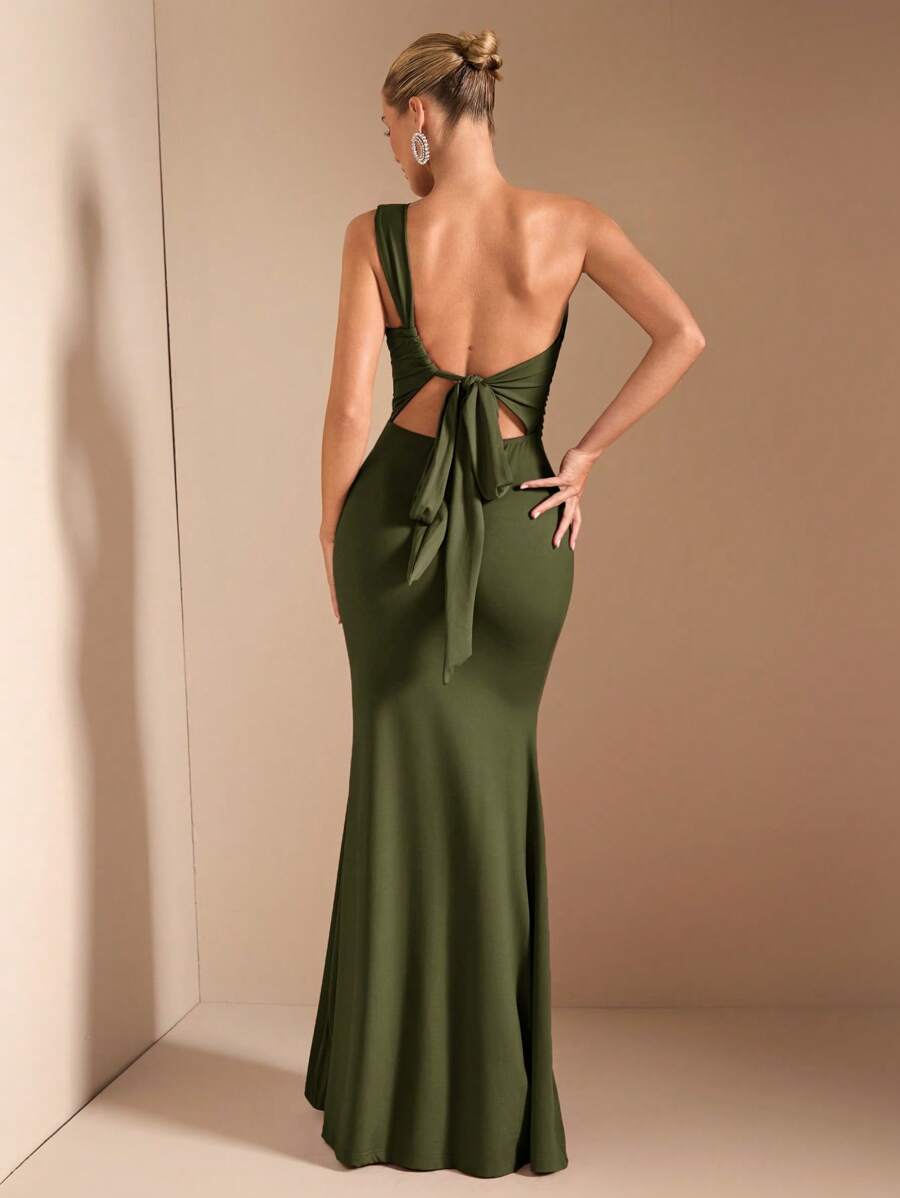 SHEIN BAE Elegant Asymmetric Neck Tied Spaghetti Strap Super Long Dress, Suitable For Casual Dates, Outing, Nightclub Party Gathering, Christmas Outfit, Burgundy