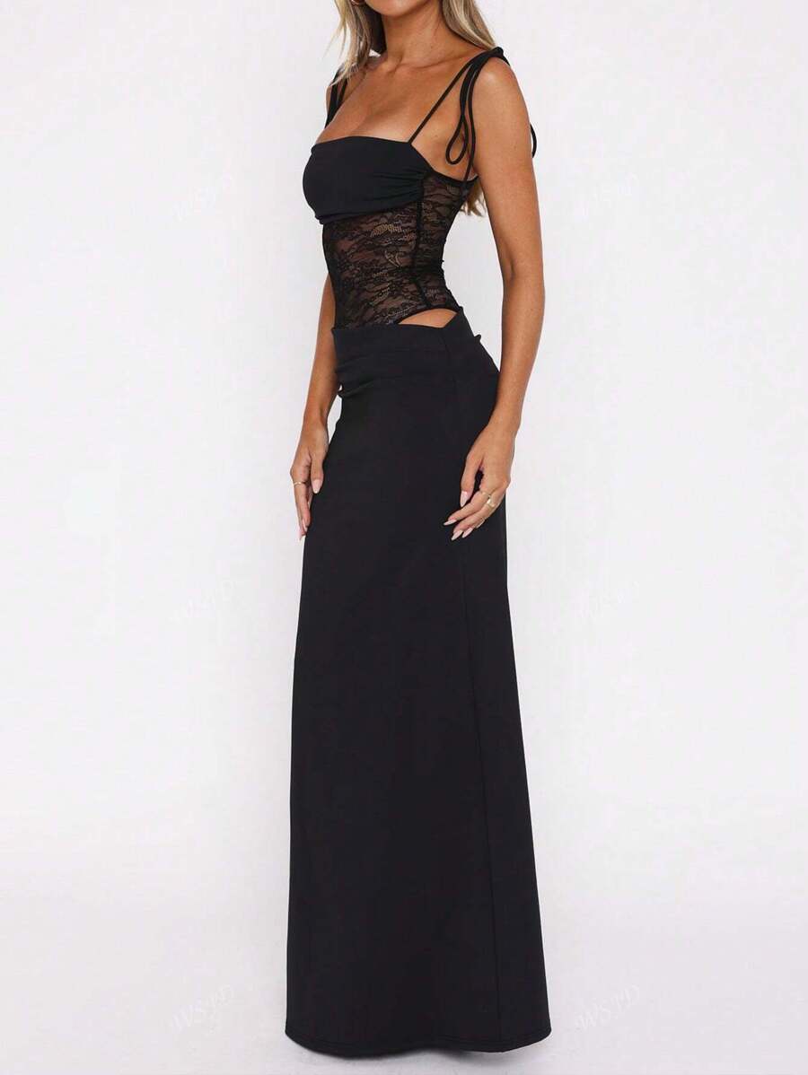 Women's Fashionable Sexy Elegant Lace Panel Camisole Maxi Dress, Suitable For Spring, Summer, Autumn Party Wear