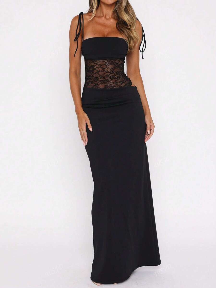 Women's Fashionable Sexy Elegant Lace Panel Camisole Maxi Dress, Suitable For Spring, Summer, Autumn Party Wear
