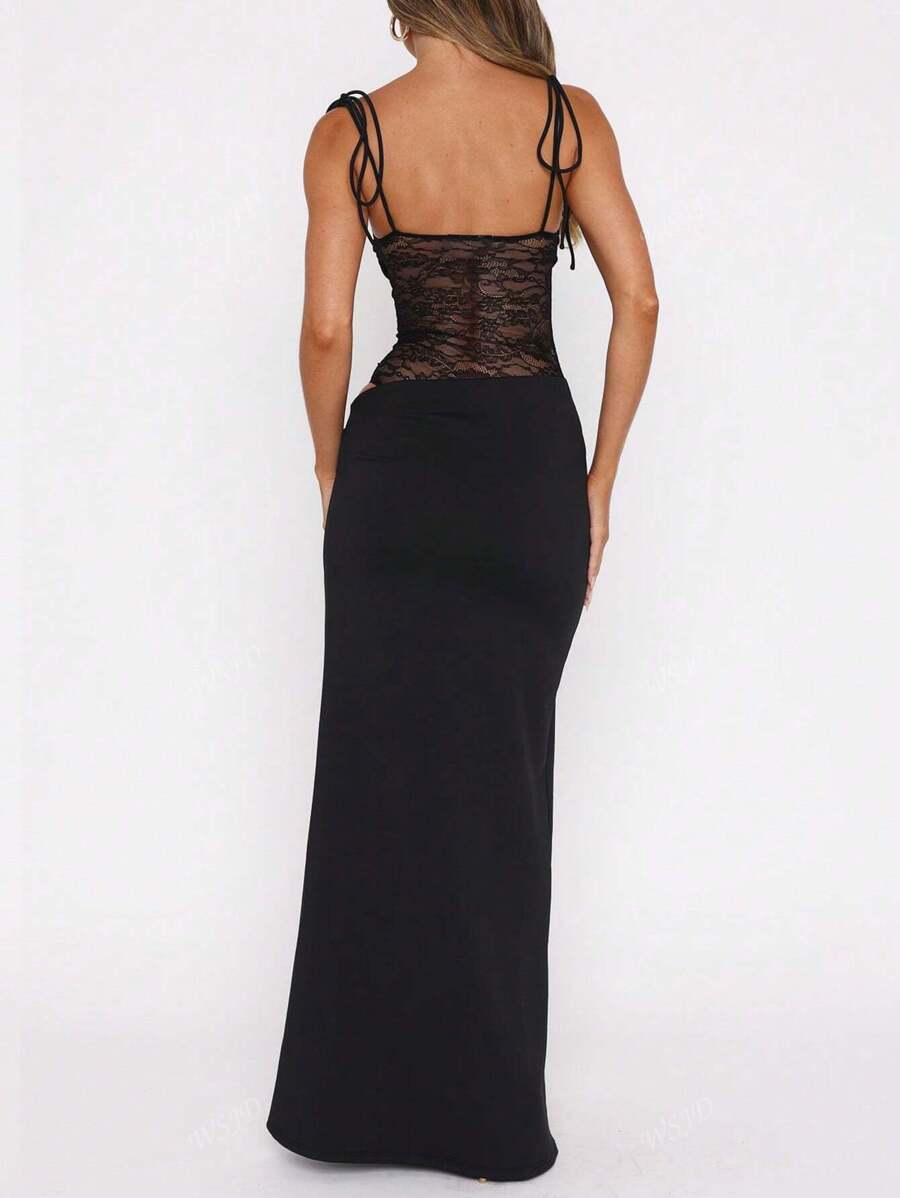 Women's Fashionable Sexy Elegant Lace Panel Camisole Maxi Dress, Suitable For Spring, Summer, Autumn Party Wear