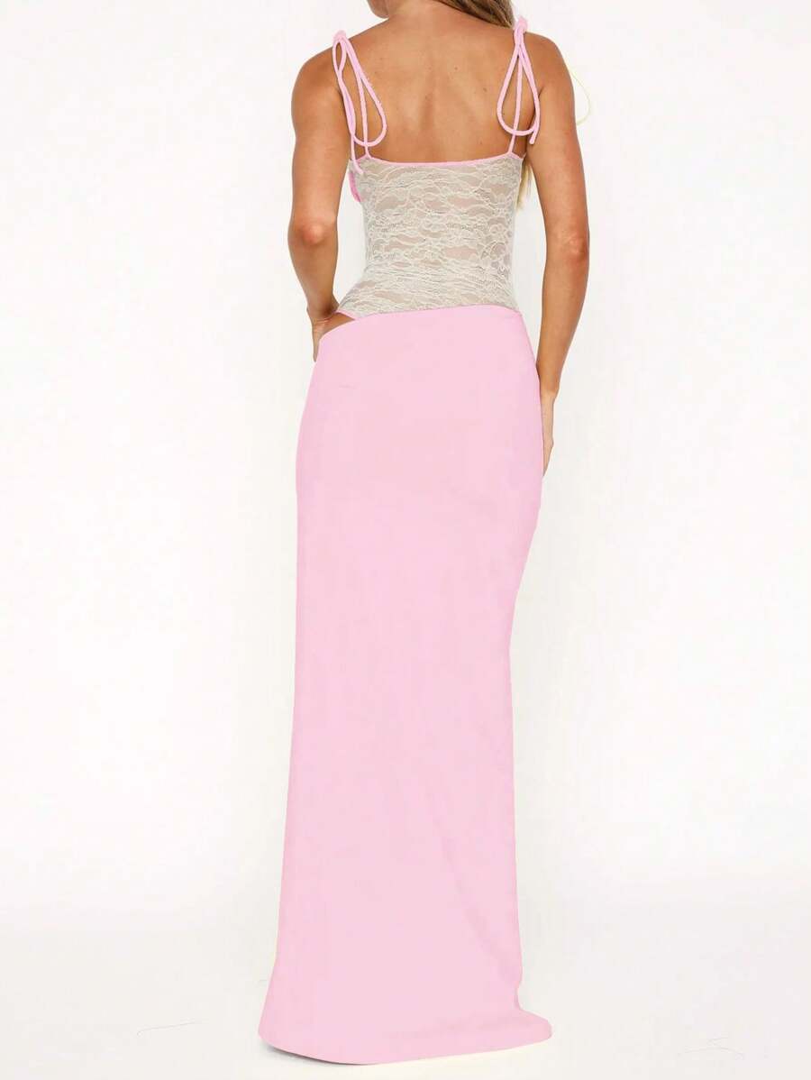 Women's Fashionable Sexy Elegant Lace Panel Camisole Maxi Dress, Suitable For Spring, Summer, Autumn Party Wear