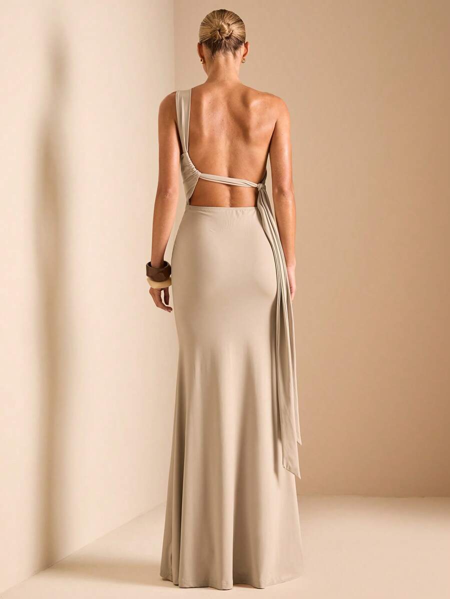 SHEIN BAE Elegant Asymmetric Neck Tied Spaghetti Strap Super Long Dress, Suitable For Casual Dates, Outing, Nightclub Party Gathering, Christmas Outfit, Burgundy