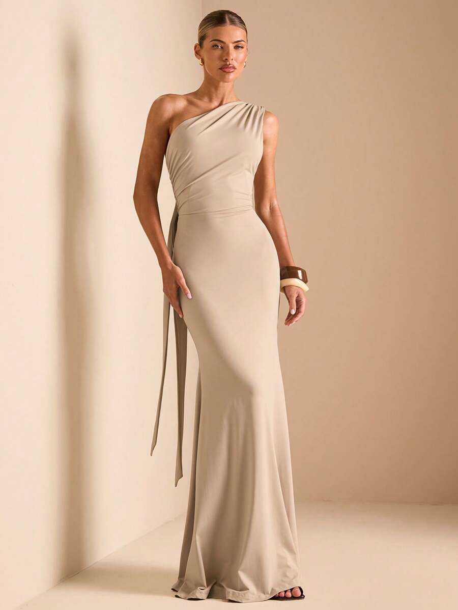 SHEIN BAE Elegant Asymmetric Neck Tied Spaghetti Strap Super Long Dress, Suitable For Casual Dates, Outing, Nightclub Party Gathering, Christmas Outfit, Burgundy