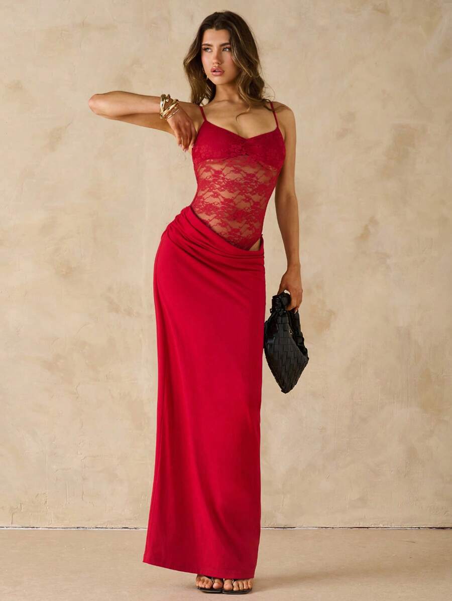 SHEIN BAE Women's Sexy Backless Lace Patchwork Ruched Solid Color Maxi Slip Dress, Suitable For Beach Vacation, Summer, Bohemian Style, Music Concerts, Wedding Guest, Bridesmaid,Halloween Clothes Women ,Halloween Costume