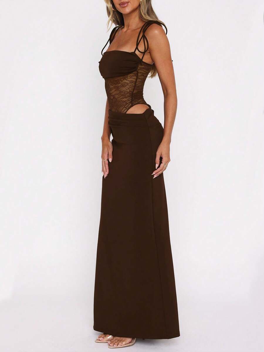 Women's Fashionable Sexy Elegant Lace Panel Camisole Maxi Dress, Suitable For Spring, Summer, Autumn Party Wear
