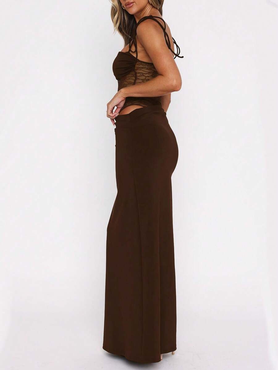 Women's Fashionable Sexy Elegant Lace Panel Camisole Maxi Dress, Suitable For Spring, Summer, Autumn Party Wear