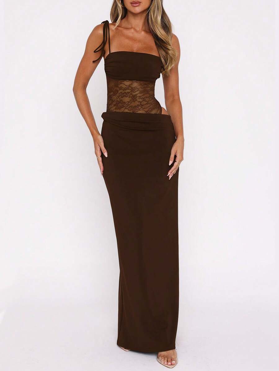 Women's Fashionable Sexy Elegant Lace Panel Camisole Maxi Dress, Suitable For Spring, Summer, Autumn Party Wear