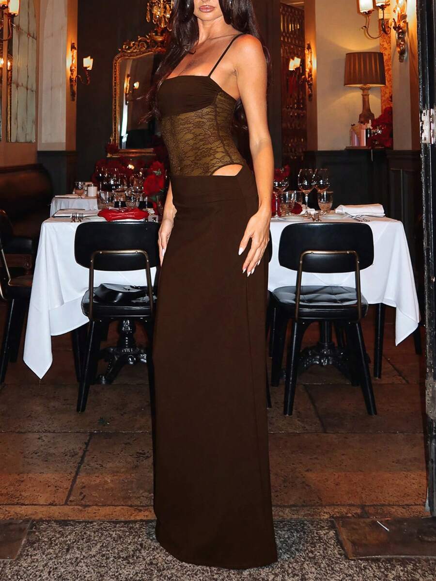 Women's Fashionable Sexy Elegant Lace Panel Camisole Maxi Dress, Suitable For Spring, Summer, Autumn Party Wear