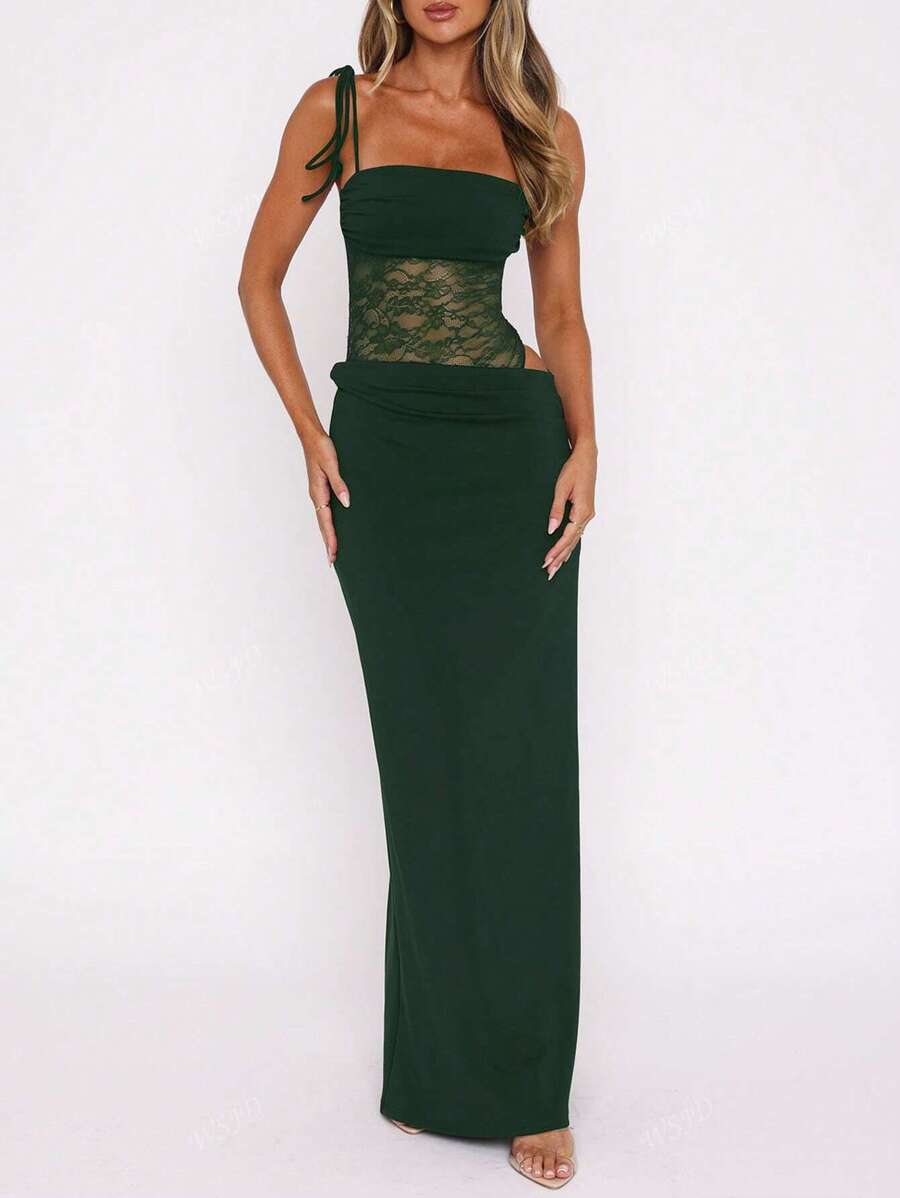 Women's Fashionable Sexy Elegant Lace Panel Camisole Maxi Dress, Suitable For Spring, Summer, Autumn Party Wear