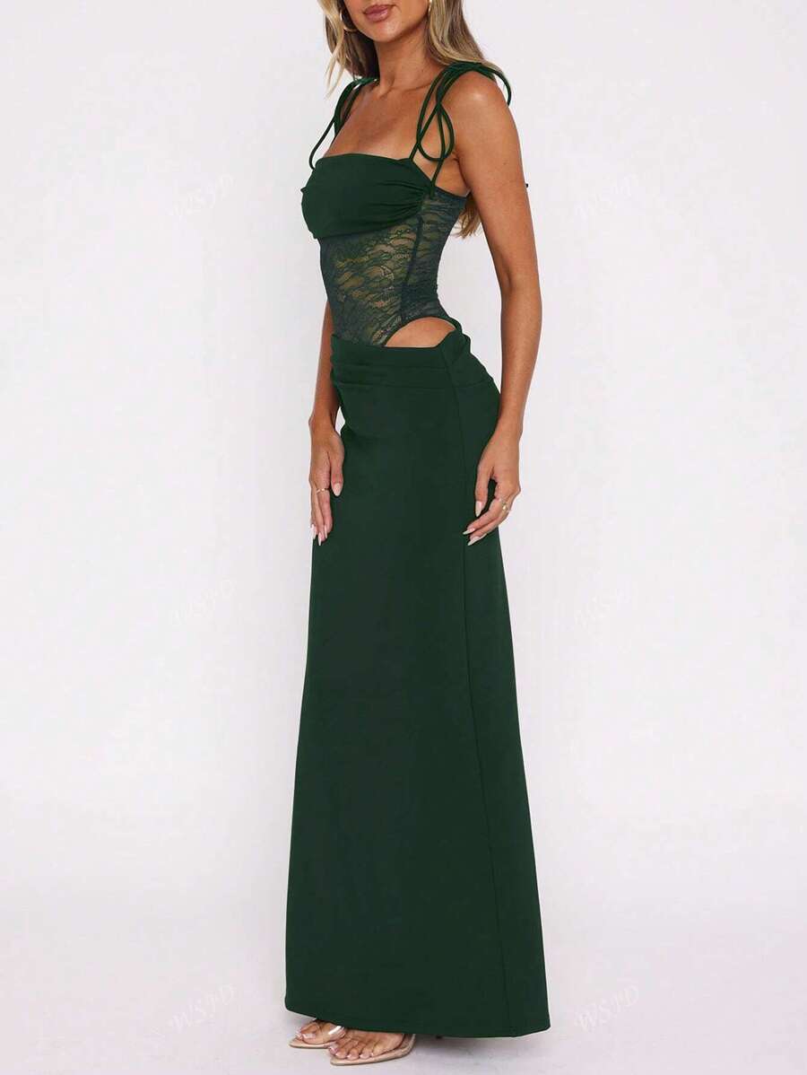Women's Fashionable Sexy Elegant Lace Panel Camisole Maxi Dress, Suitable For Spring, Summer, Autumn Party Wear