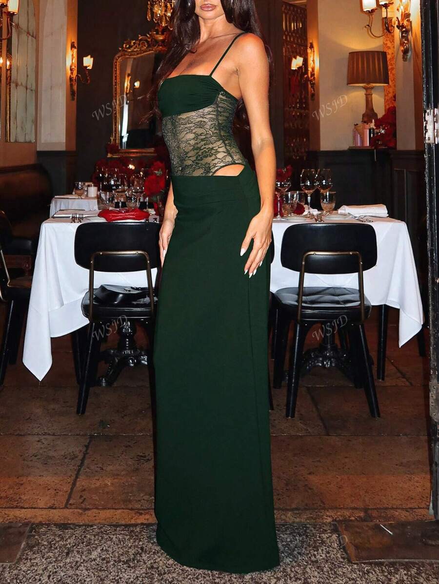 Women's Fashionable Sexy Elegant Lace Panel Camisole Maxi Dress, Suitable For Spring, Summer, Autumn Party Wear