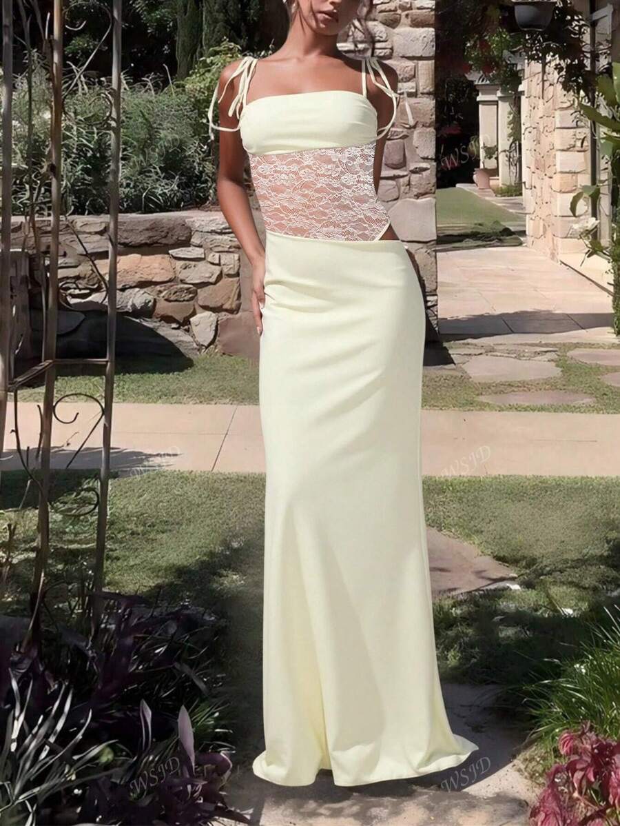 Women's Fashionable Sexy Elegant Lace Panel Camisole Maxi Dress, Suitable For Spring, Summer, Autumn Party Wear