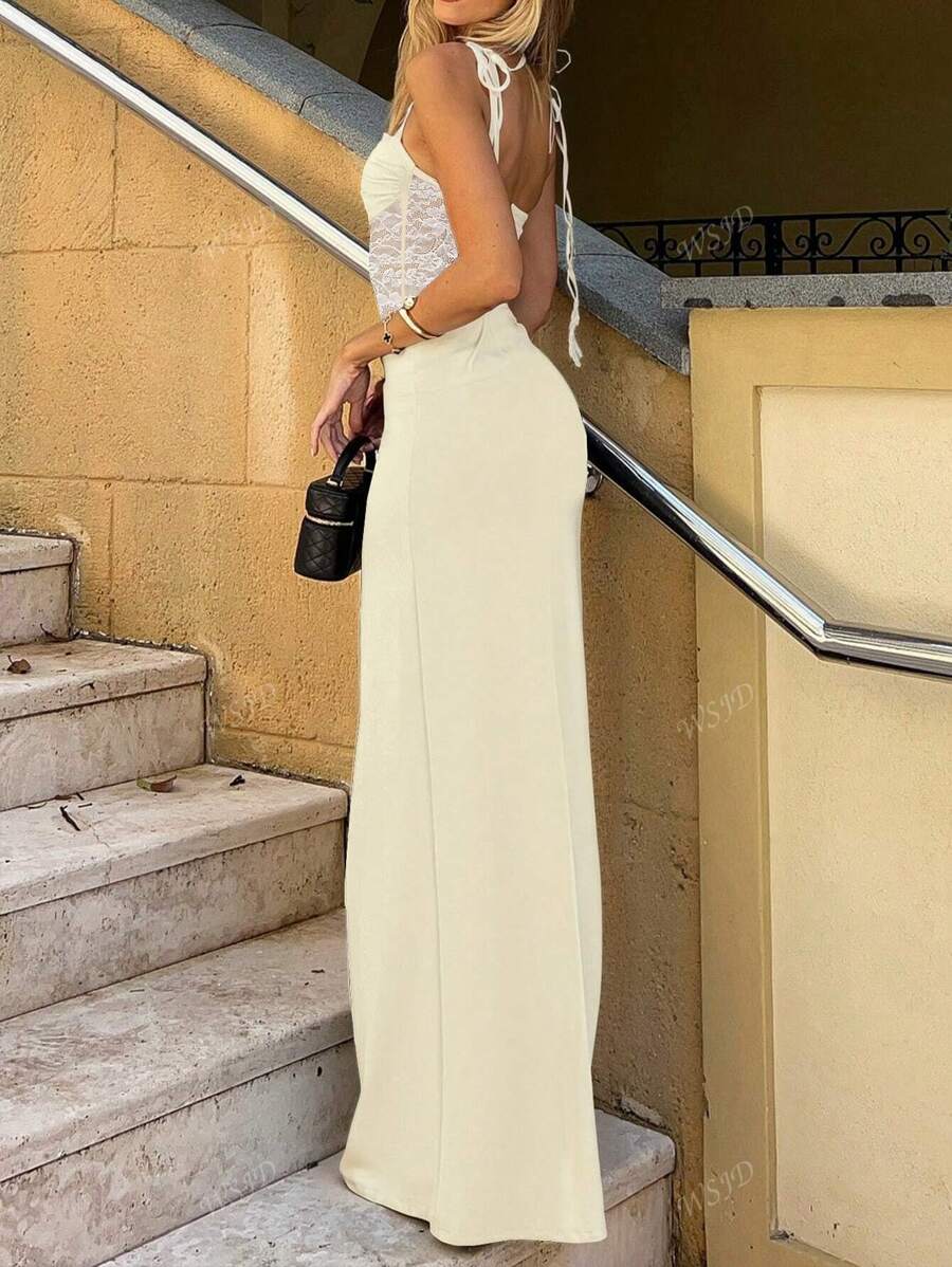Women's Fashionable Sexy Elegant Lace Panel Camisole Maxi Dress, Suitable For Spring, Summer, Autumn Party Wear