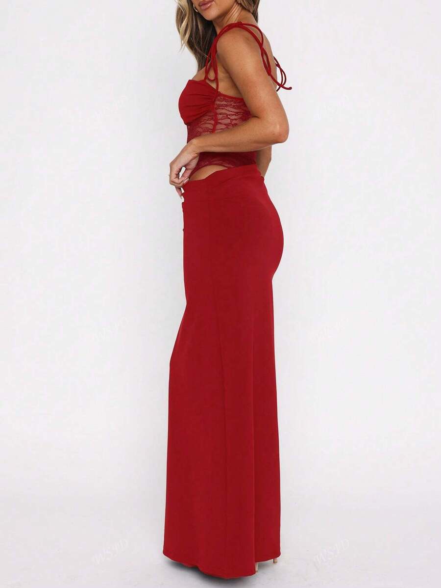 Women's Fashionable Sexy Elegant Lace Panel Camisole Maxi Dress, Suitable For Spring, Summer, Autumn Party Wear