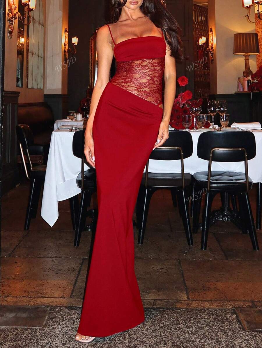 Women's Fashionable Sexy Elegant Lace Panel Camisole Maxi Dress, Suitable For Spring, Summer, Autumn Party Wear