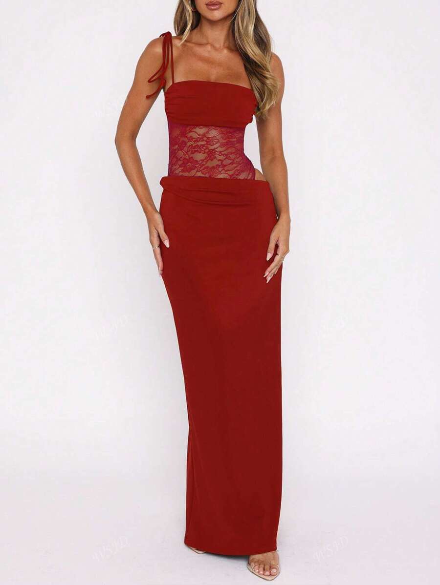 Women's Fashionable Sexy Elegant Lace Panel Camisole Maxi Dress, Suitable For Spring, Summer, Autumn Party Wear