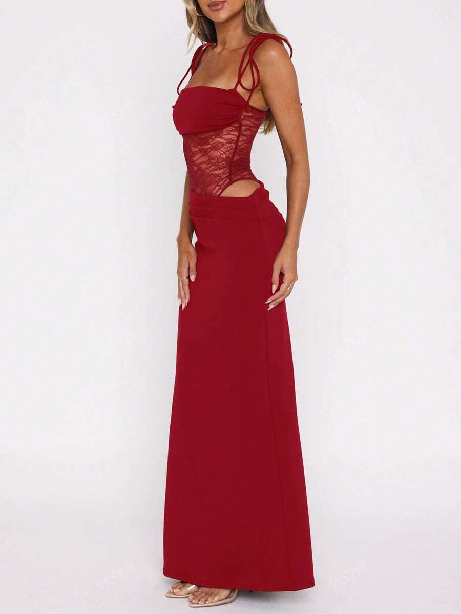 Women's Fashionable Sexy Elegant Lace Panel Camisole Maxi Dress, Suitable For Spring, Summer, Autumn Party Wear