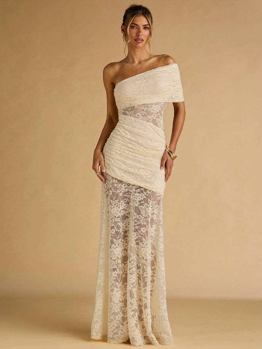 SHEIN BAE Spring And Summer Apricot Exquisite Lace Asymmetrical Off-Shoulder Collar Semi-Transparent Large Skirt Elegant Ladies Maxi Dress,Vacation Dress, Vestidos Elegantes De Mujer,Summer Dress,Beach Outfits For Woman,Wedding Guest Dress Women,Birthday