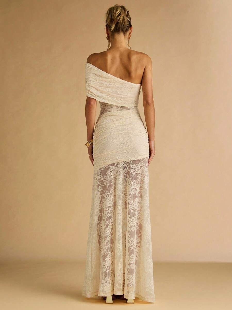 SHEIN BAE Spring And Summer Apricot Exquisite Lace Asymmetrical Off-Shoulder Collar Semi-Transparent Large Skirt Elegant Ladies Maxi Dress,Vacation Dress, Vestidos Elegantes De Mujer,Summer Dress,Beach Outfits For Woman,Wedding Guest Dress Women,Birthday