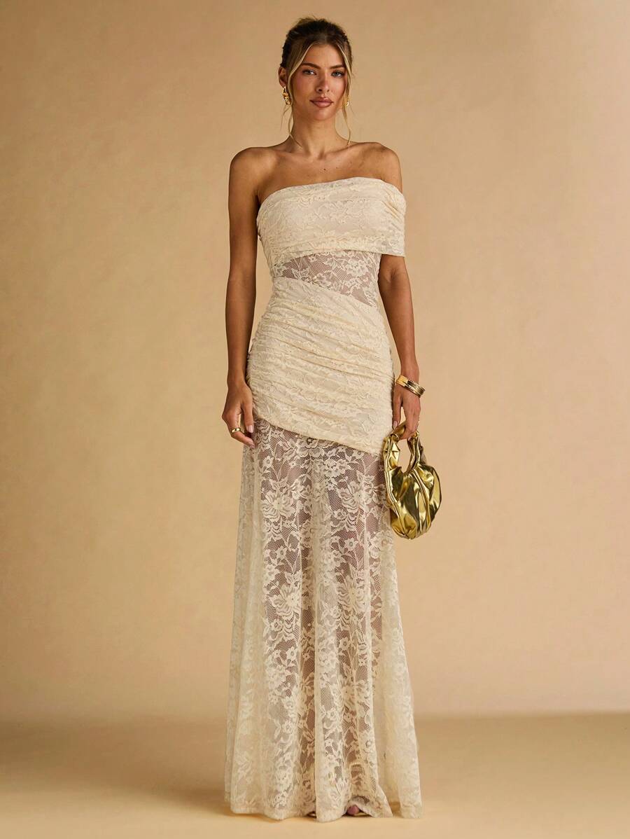 SHEIN BAE Spring And Summer Apricot Exquisite Lace Asymmetrical Off-Shoulder Collar Semi-Transparent Large Skirt Elegant Ladies Maxi Dress,Vacation Dress, Vestidos Elegantes De Mujer,Summer Dress,Beach Outfits For Woman,Wedding Guest Dress Women,Birthday