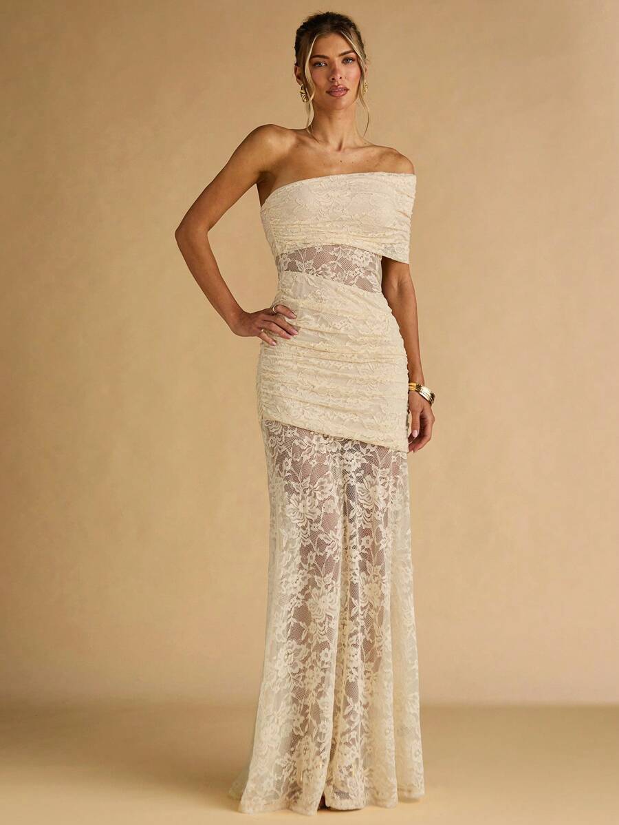 SHEIN BAE Spring And Summer Apricot Exquisite Lace Asymmetrical Off-Shoulder Collar Semi-Transparent Large Skirt Elegant Ladies Maxi Dress,Vacation Dress, Vestidos Elegantes De Mujer,Summer Dress,Beach Outfits For Woman,Wedding Guest Dress Women,Birthday