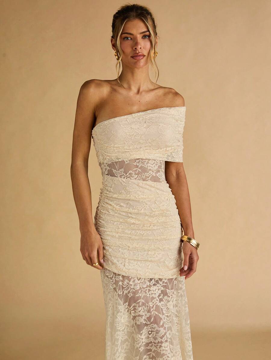 SHEIN BAE Spring And Summer Apricot Exquisite Lace Asymmetrical Off-Shoulder Collar Semi-Transparent Large Skirt Elegant Ladies Maxi Dress,Vacation Dress, Vestidos Elegantes De Mujer,Summer Dress,Beach Outfits For Woman,Wedding Guest Dress Women,Birthday