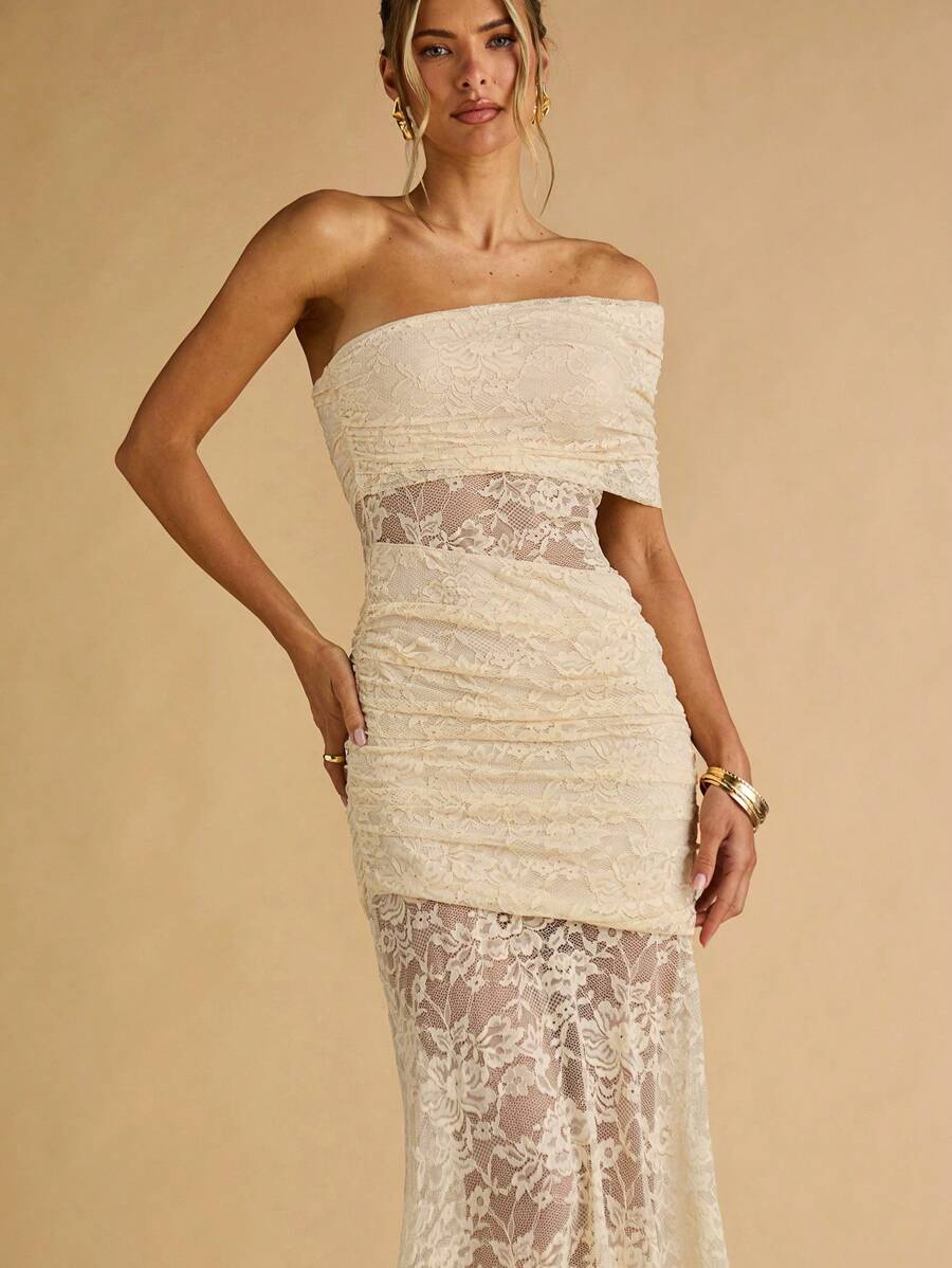 SHEIN BAE Spring And Summer Apricot Exquisite Lace Asymmetrical Off-Shoulder Collar Semi-Transparent Large Skirt Elegant Ladies Maxi Dress,Vacation Dress, Vestidos Elegantes De Mujer,Summer Dress,Beach Outfits For Woman,Wedding Guest Dress Women,Birthday