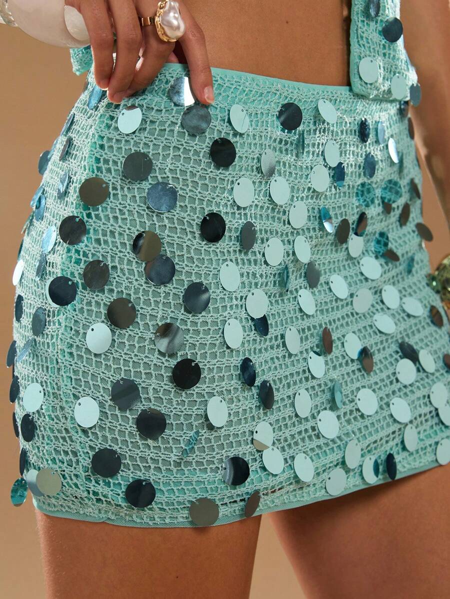 SHEIN BAE Lente/zomer effen pailletten korte rok voor dames voor feestjes/minirok met pailletten/zomerrok voor dames, clubsexy, concert