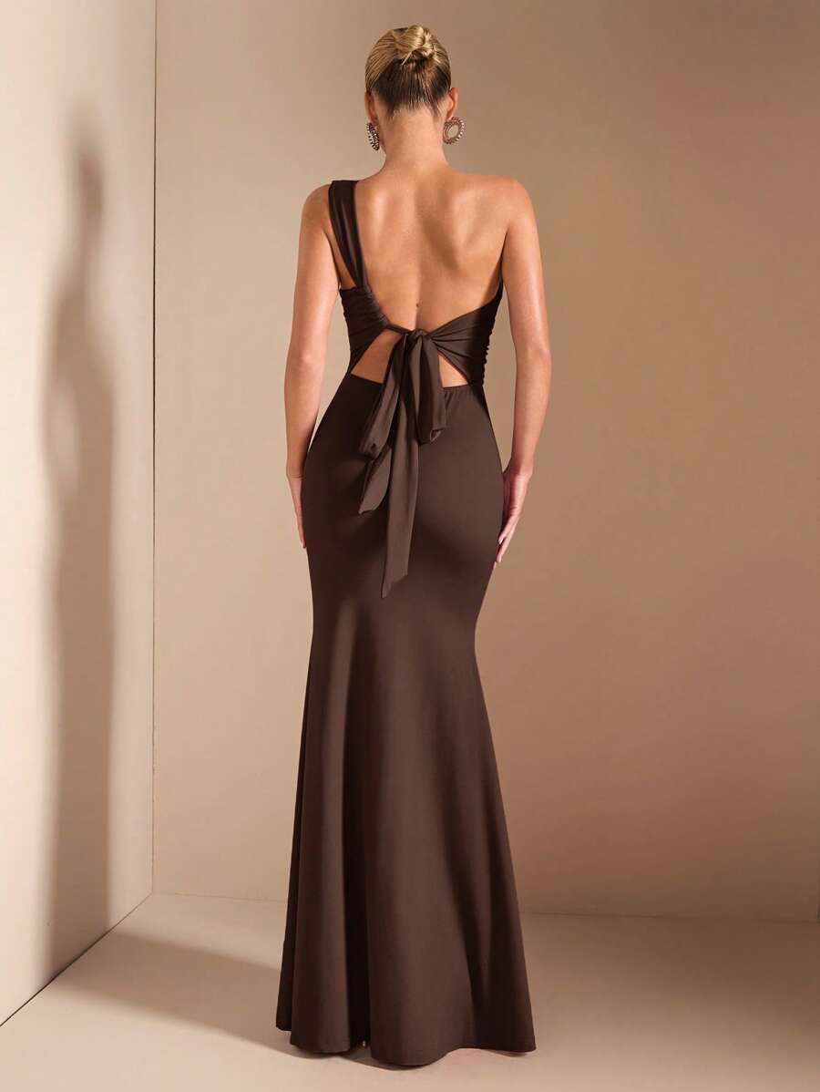 SHEIN BAE Elegant Asymmetric Neck Tied Spaghetti Strap Super Long Dress, Suitable For Casual Dates, Outing, Nightclub Party Gathering, Christmas Outfit, Burgundy