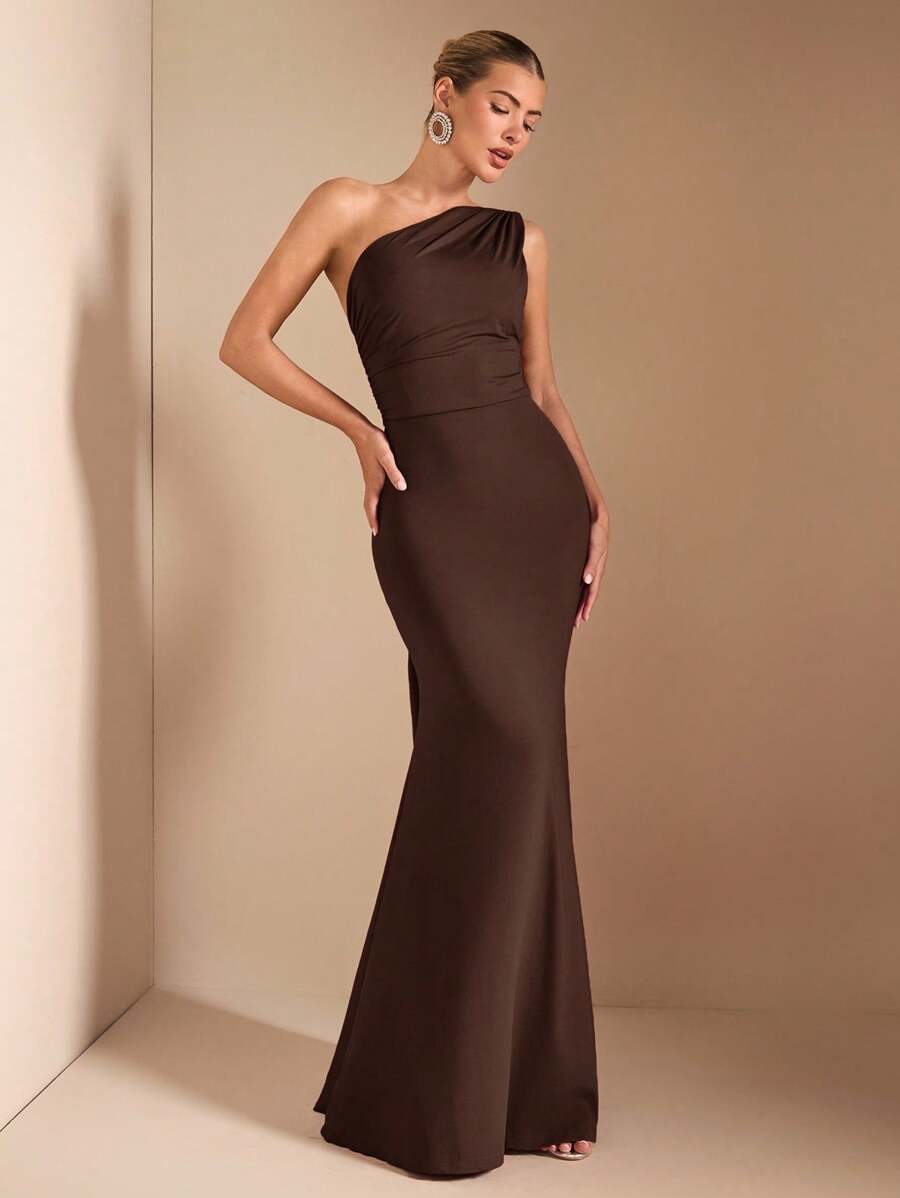 SHEIN BAE Elegant Asymmetric Neck Tied Spaghetti Strap Super Long Dress, Suitable For Casual Dates, Outing, Nightclub Party Gathering, Christmas Outfit, Burgundy