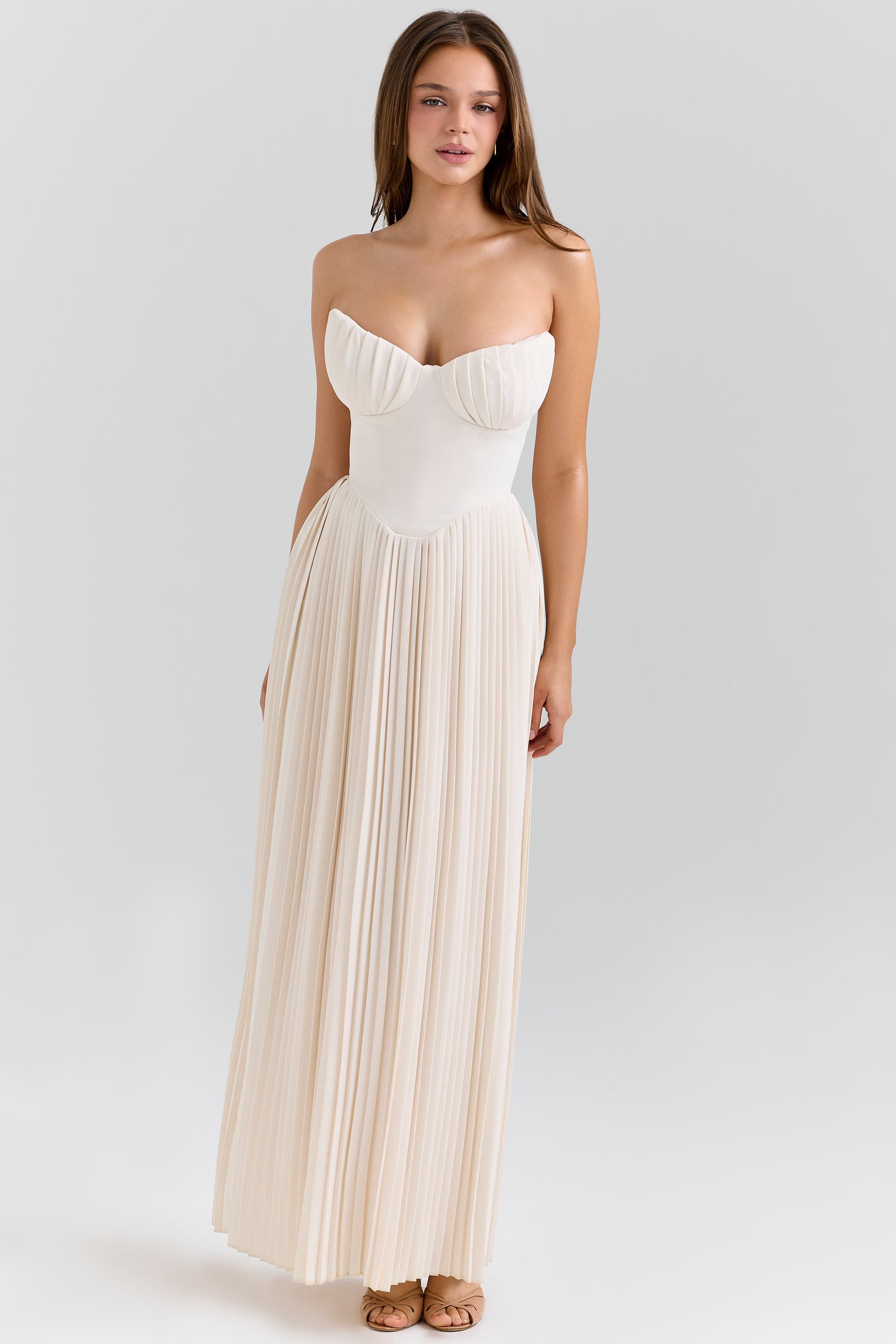 ivory georgette pleated maxi dress