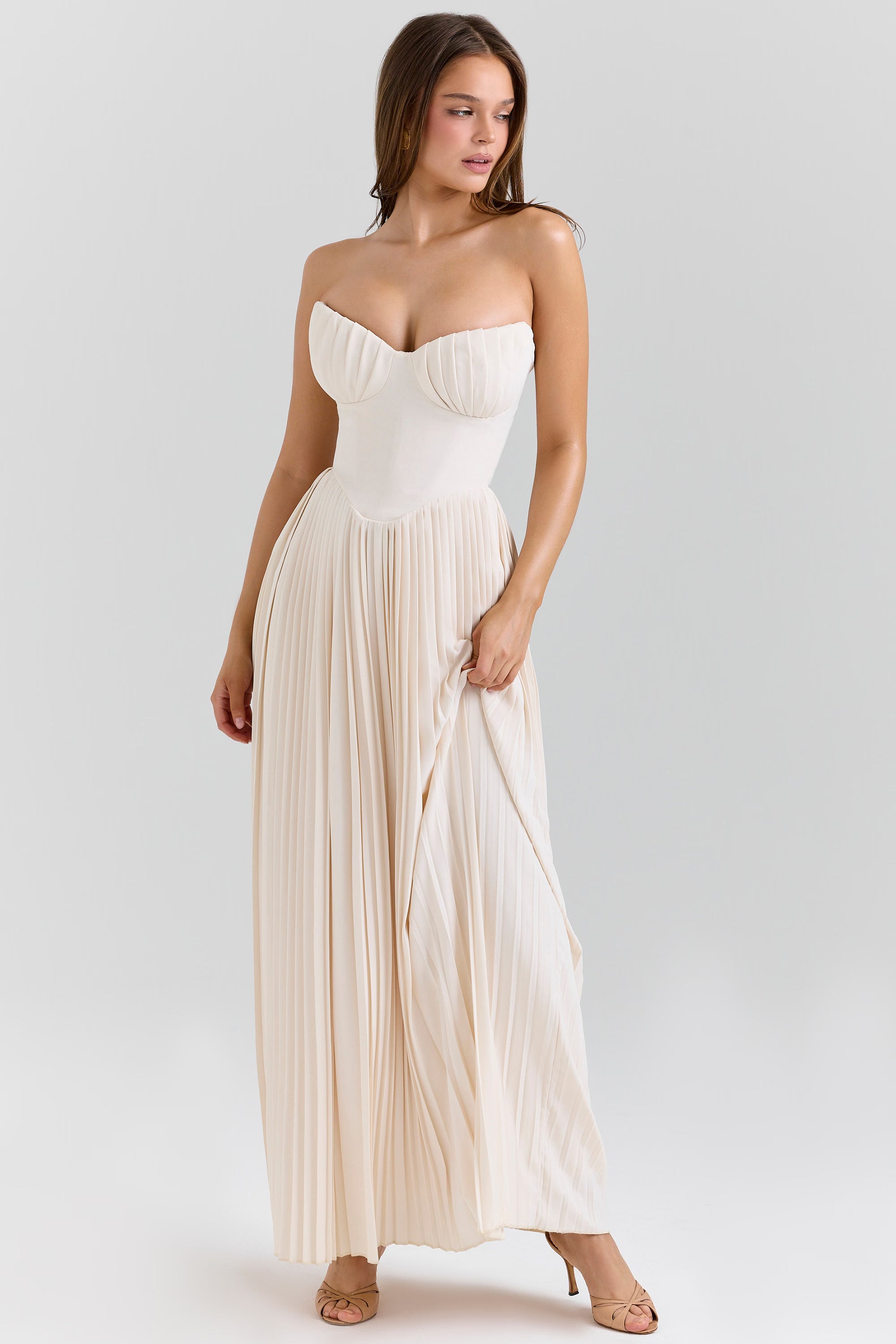 ivory georgette pleated maxi dress