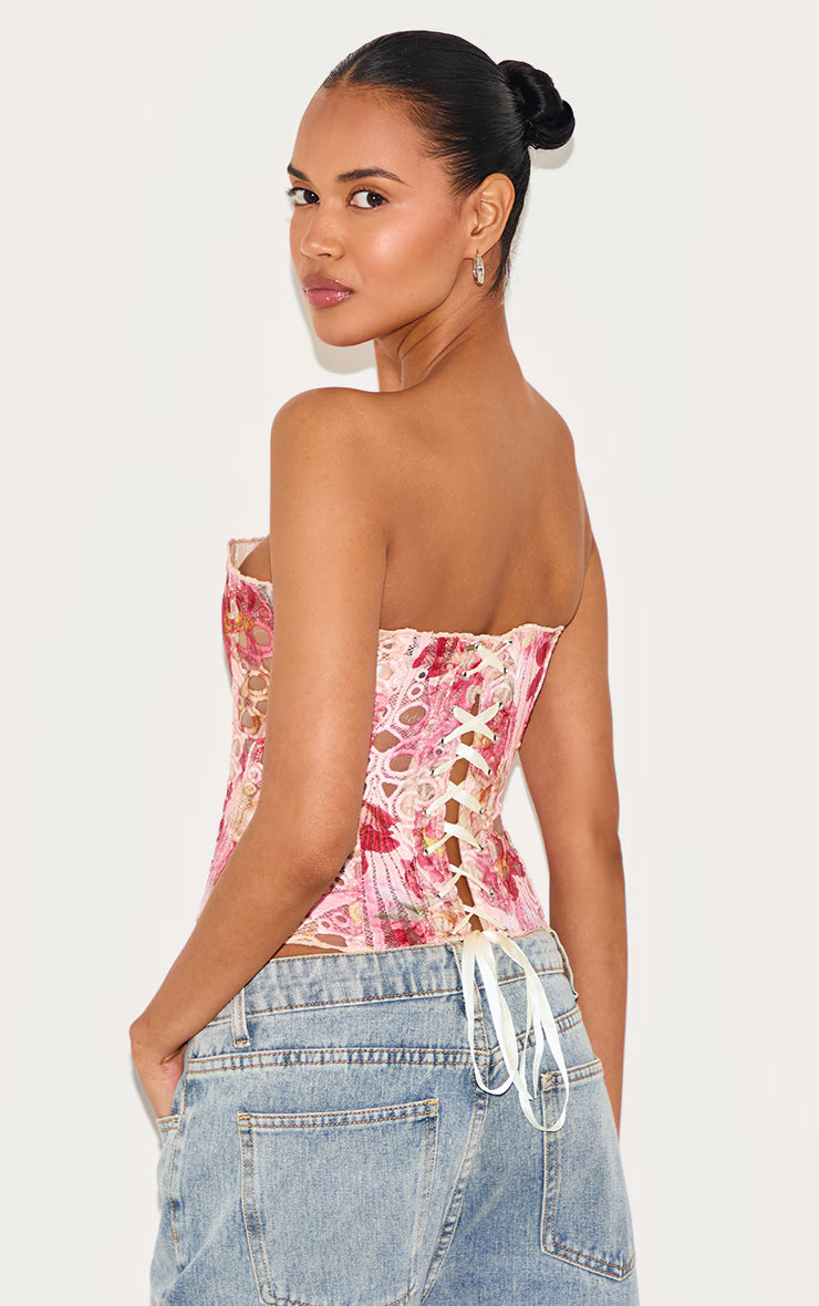 Pink Textured Sheer Floral Lace Corset