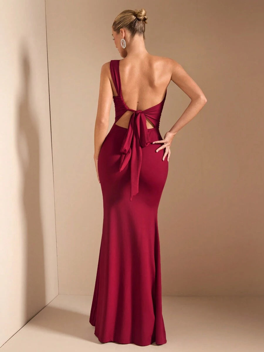 SHEIN BAE Elegant Asymmetric Neck Tied Spaghetti Strap Super Long Dress, Suitable For Casual Dates, Outing, Nightclub Party Gathering, Christmas Outfit, Burgundy