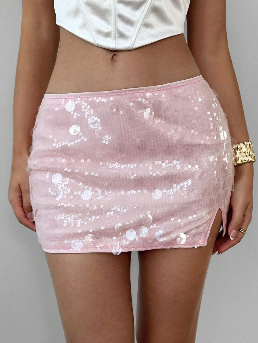 Aloruh Roze pailletten patchwork hoge split mini bodycon rok