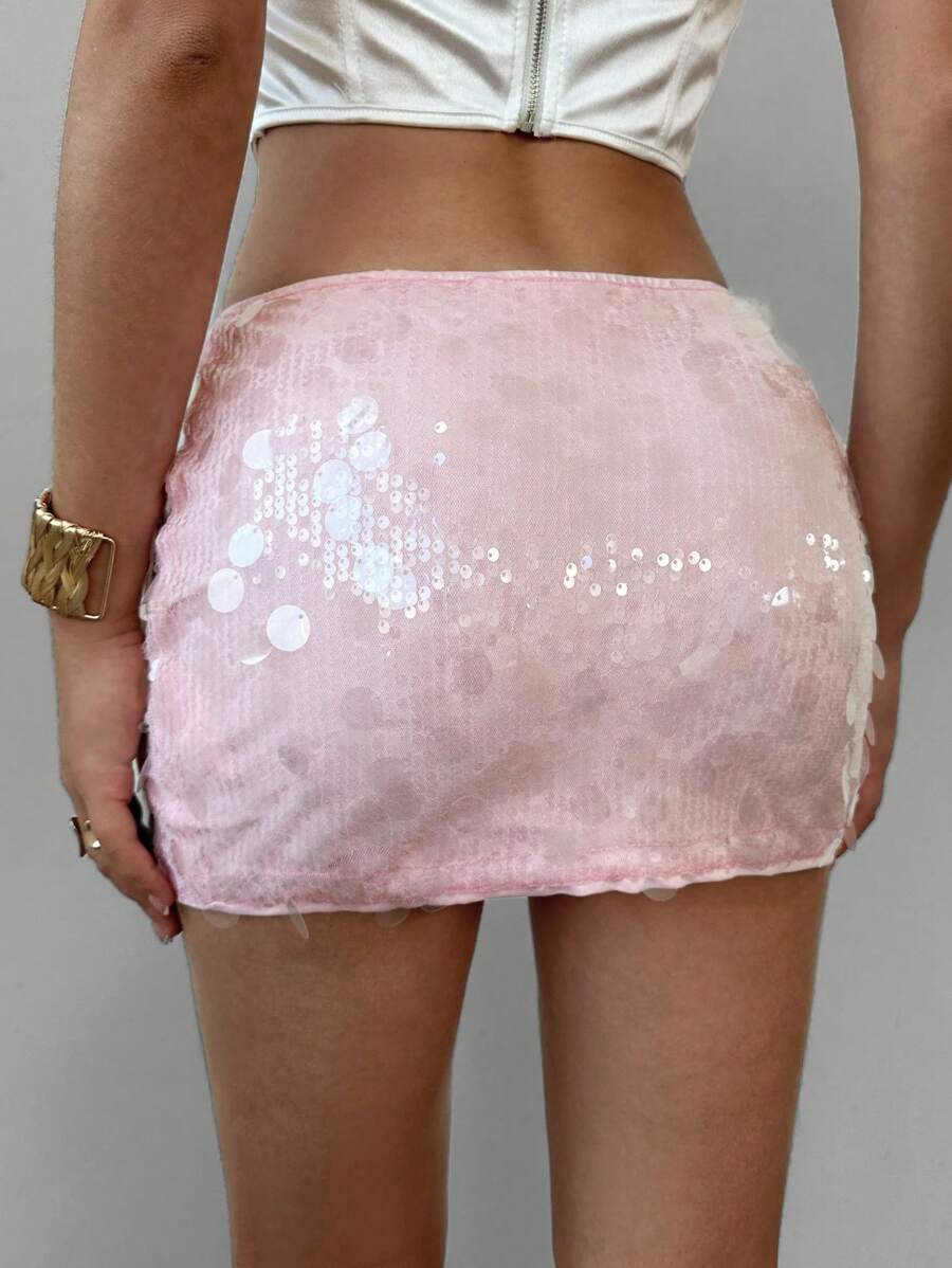 Aloruh Roze pailletten patchwork hoge split mini bodycon rok