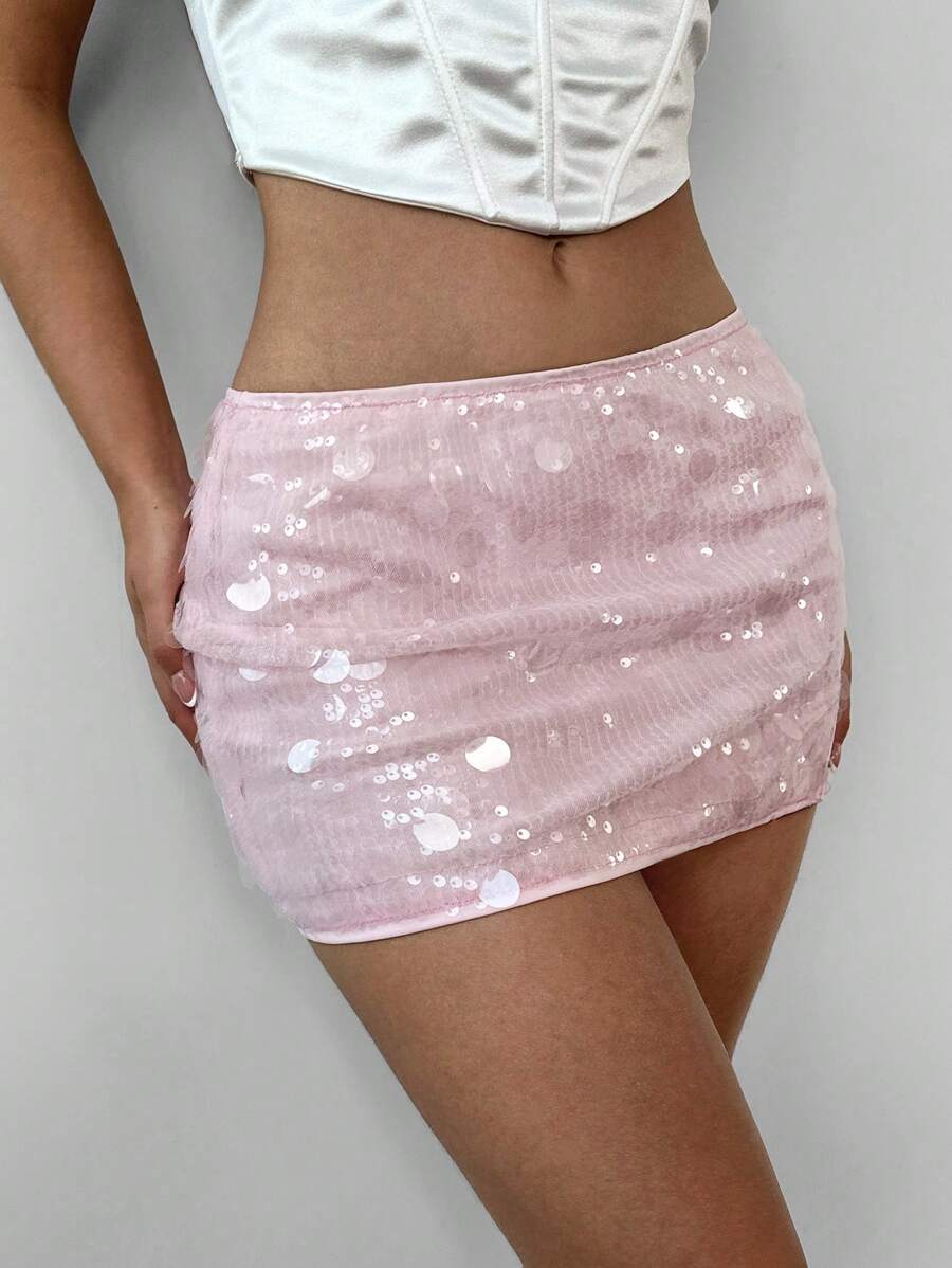 Aloruh Roze pailletten patchwork hoge split mini bodycon rok