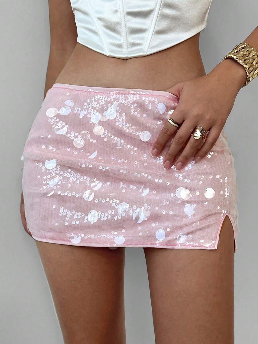 Aloruh Roze pailletten patchwork hoge split mini bodycon rok