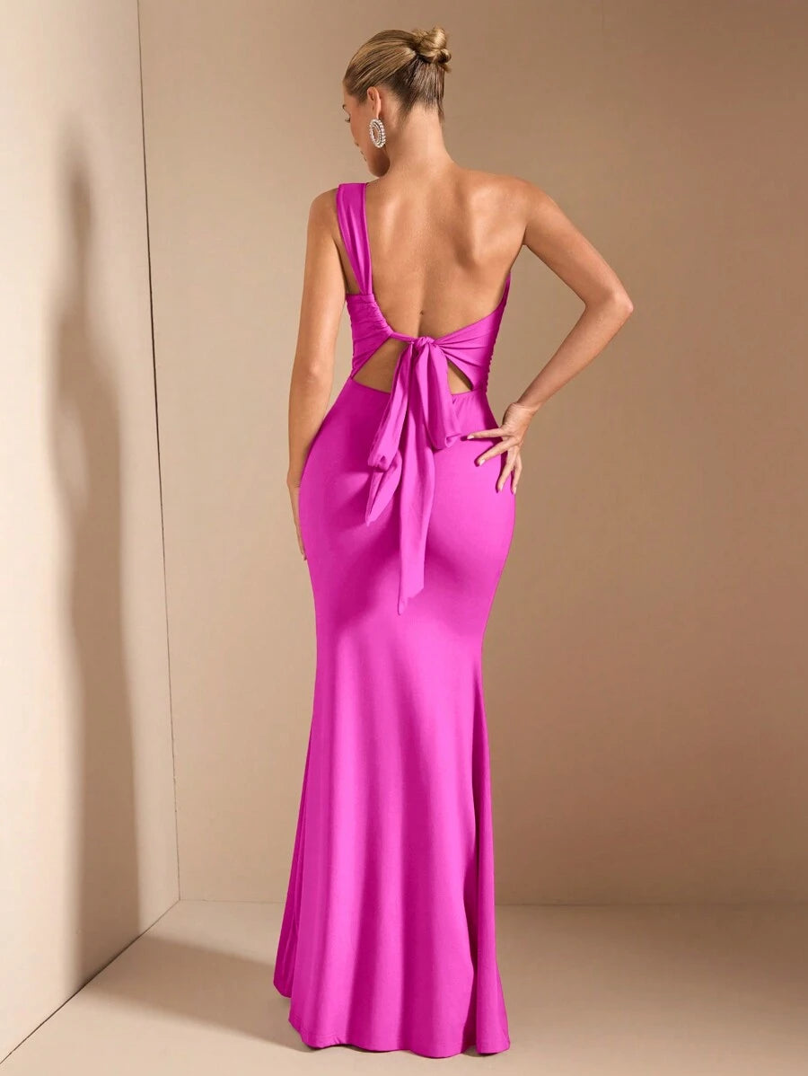 SHEIN BAE Elegant Asymmetric Neck Tied Spaghetti Strap Super Long Dress, Suitable For Casual Dates, Outing, Nightclub Party Gathering, Christmas Outfit, Burgundy