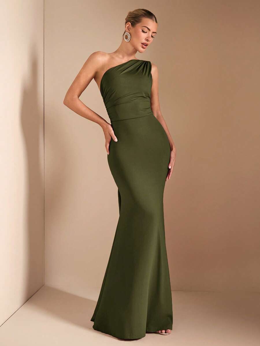 SHEIN BAE Elegant Asymmetric Neck Tied Spaghetti Strap Super Long Dress, Suitable For Casual Dates, Outing, Nightclub Party Gathering, Christmas Outfit, Burgundy