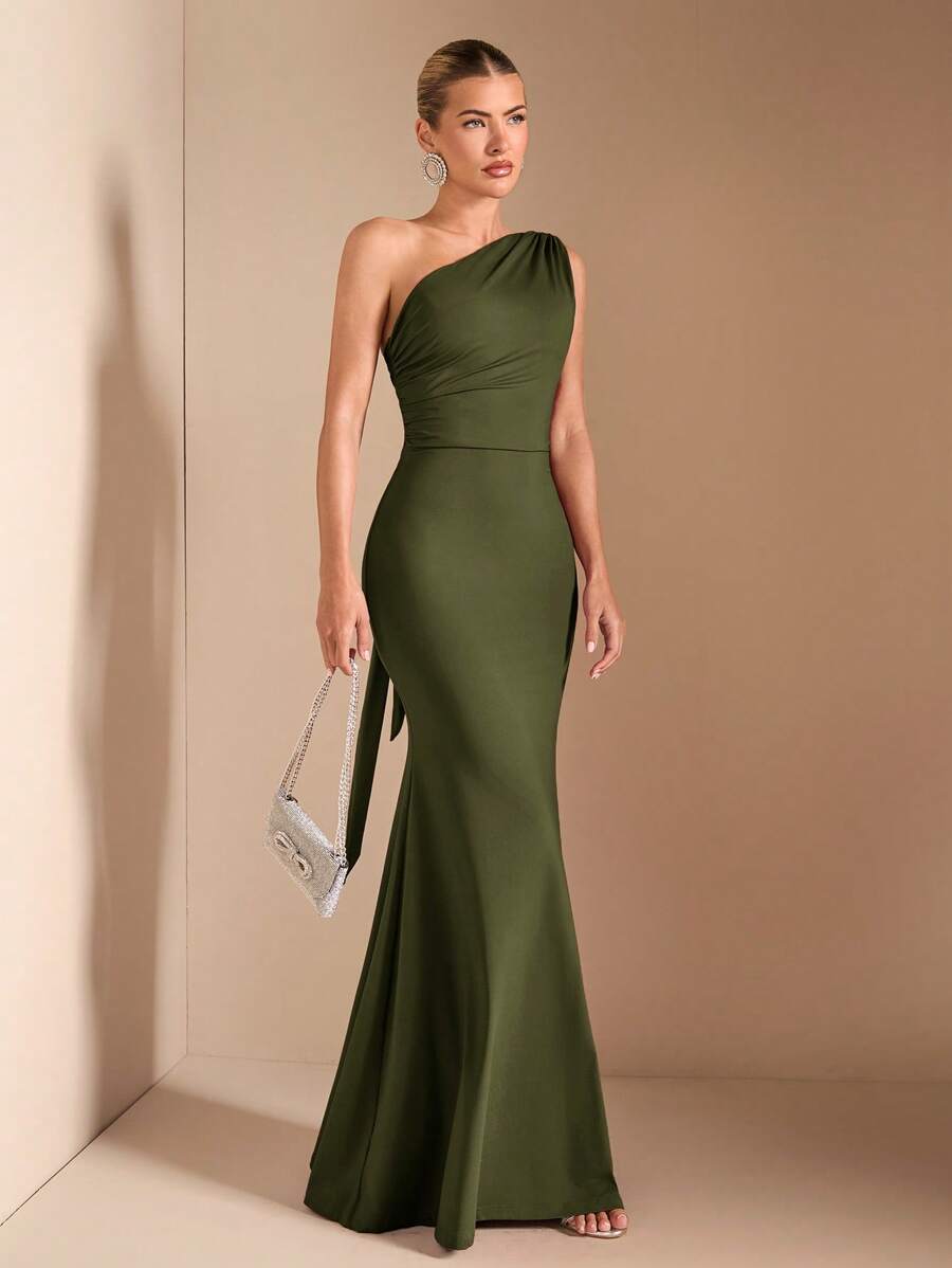 SHEIN BAE Elegant Asymmetric Neck Tied Spaghetti Strap Super Long Dress, Suitable For Casual Dates, Outing, Nightclub Party Gathering, Christmas Outfit, Burgundy