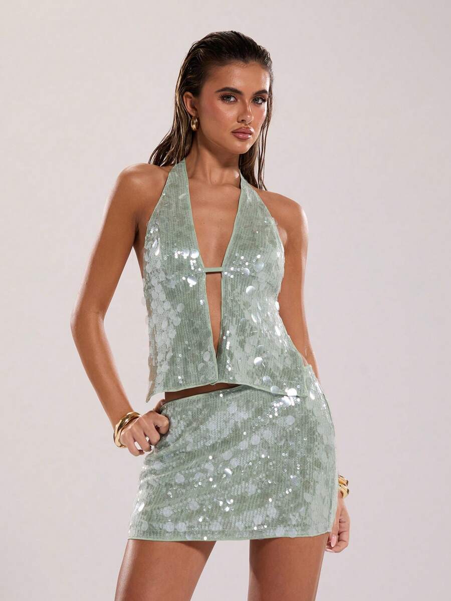 SHEIN BAE Sexy, prachtige mintgroene pailletten voor dames in de zomer, boho strandvakantie, concert, halternek, zomertop, clubtop voor dames