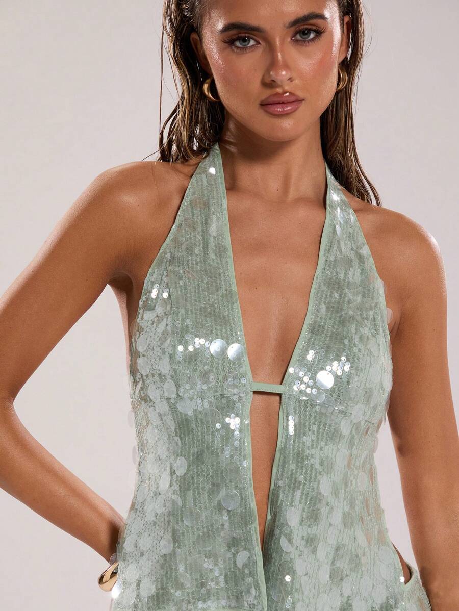 SHEIN BAE Sexy, prachtige mintgroene pailletten voor dames in de zomer, boho strandvakantie, concert, halternek, zomertop, clubtop voor dames