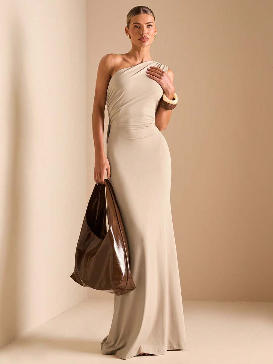 SHEIN BAE Elegant Asymmetric Neck Tied Spaghetti Strap Super Long Dress, Suitable For Casual Dates, Outing, Nightclub Party Gathering, Christmas Outfit, Burgundy