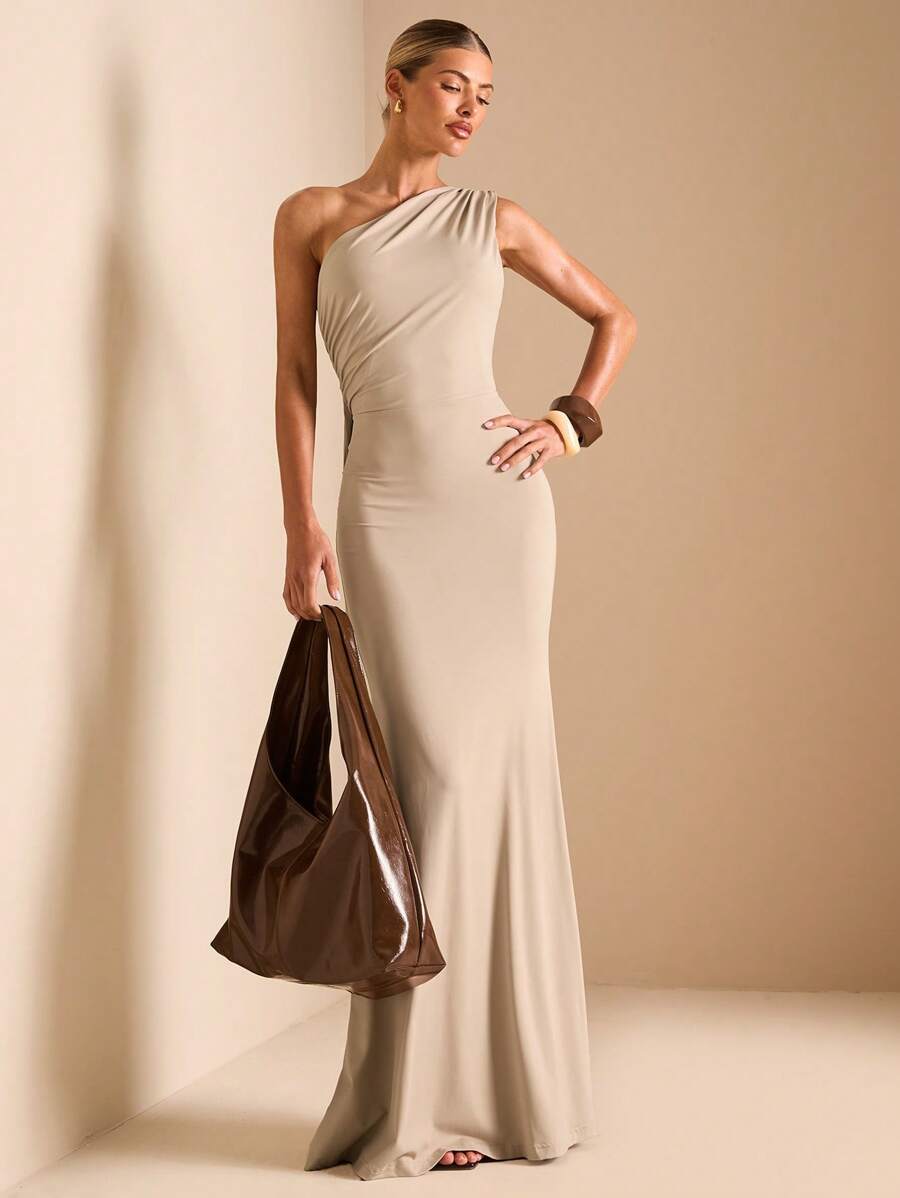 SHEIN BAE Elegant Asymmetric Neck Tied Spaghetti Strap Super Long Dress, Suitable For Casual Dates, Outing, Nightclub Party Gathering, Christmas Outfit, Burgundy