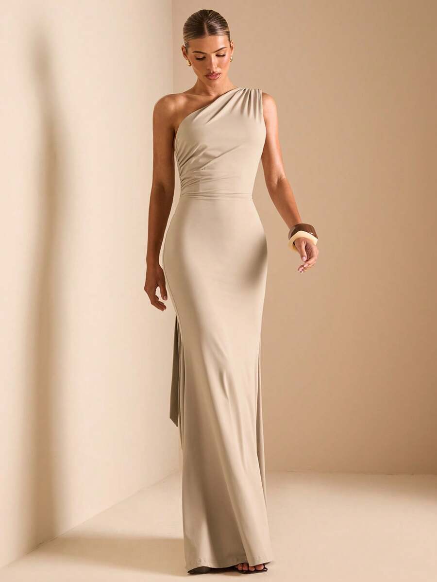 SHEIN BAE Elegant Asymmetric Neck Tied Spaghetti Strap Super Long Dress, Suitable For Casual Dates, Outing, Nightclub Party Gathering, Christmas Outfit, Burgundy